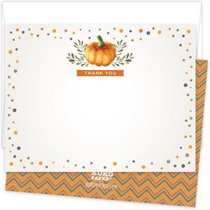 Koko Paper Co. Fall Pumpkin Thank You Cards  25 Flat Note Cards with Envelopes - Autumn Thank You Notes for Baby Shower, Bridal Shower, Thanksgiving & More, Made in USA