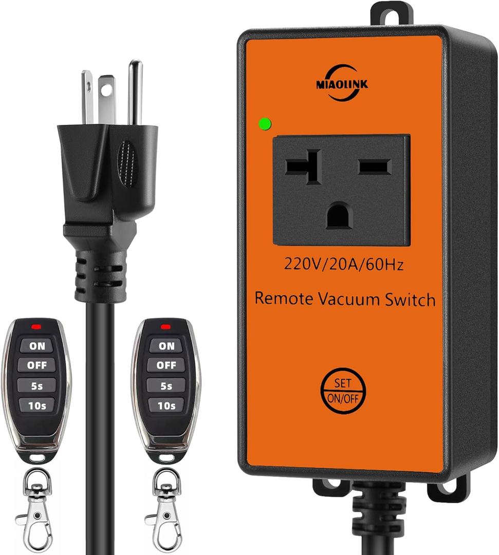 220v Automatic Remote Vacuum Switch Wireless Remote for Dust Collector and Table Saw Tools Starter Outlet Switch, 5S 10S Delay OFF(Battery Included)