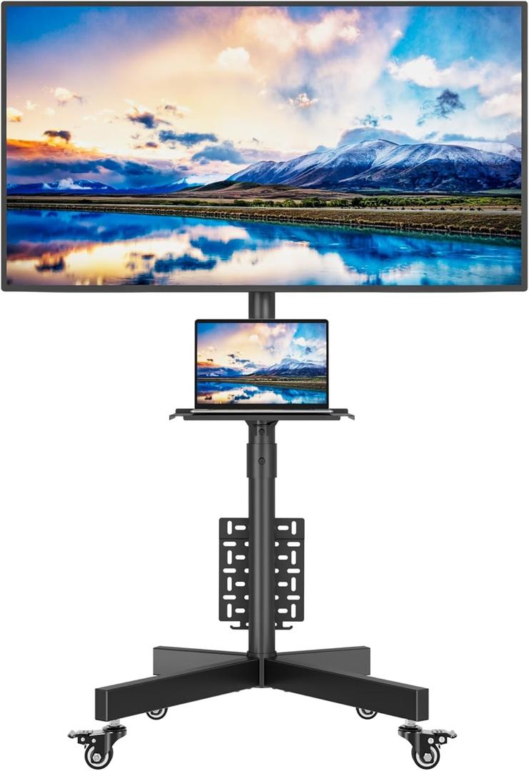 BONTEC Rolling TV Stand with Pegboard Storage for 3265 Inch TVs, Holds, Height Adjustable Mobile TV Cart on Metal Wheels with Shelf & Cable Management,Holds up to 88 lbs, Max VESA 400x400mm