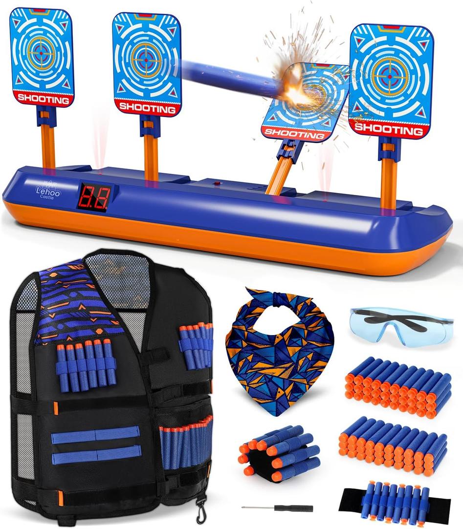 Lehoo Castle Electronic Shooting Targets, Digital Target for Nerf Guns with Auto-Reset, Scoring Shooting Games Includes Kids Tactical Vest, 60 Bullets, Glasses, Gift Toy for Kids Boys Girls (Blue)