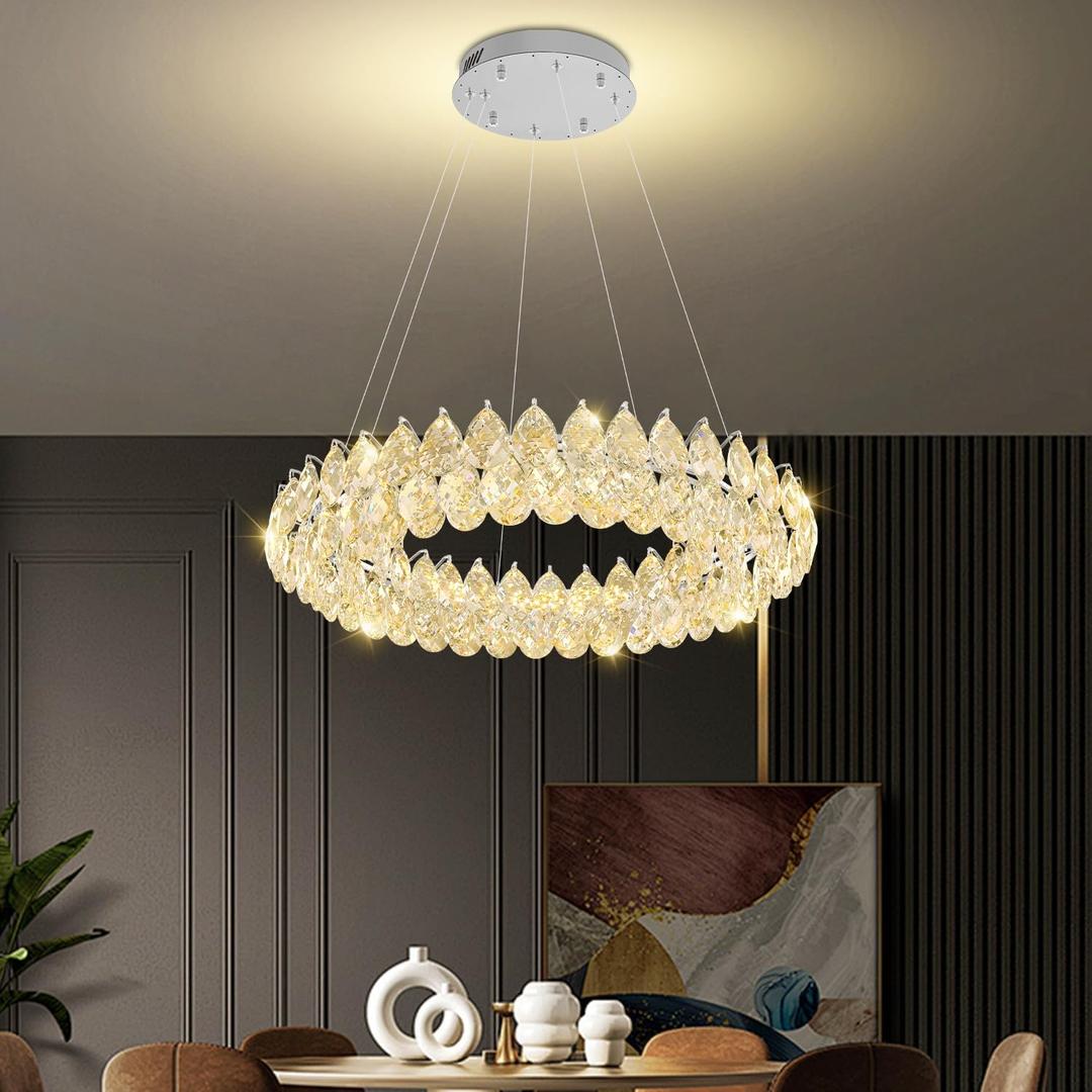 WOSOHYUN Modern Chrome Crystal Chandelier, 32" Round LED Pendant Lighting Fixture, Luxury Large Crystal Ceiling Light for Dining Room Living Room Foyer Staircase (Silver)