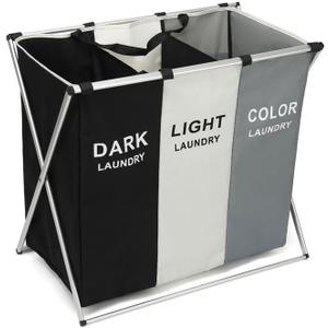 3-Section Laundry Basket Organizer, Foldable Hamper with Dividers, 150L Large Capacity, Waterproof 600D Oxford Fabric, Freestanding Lightweight Clothes Sorter Bedroom, Dorm, Bathroom (24x15x26in)