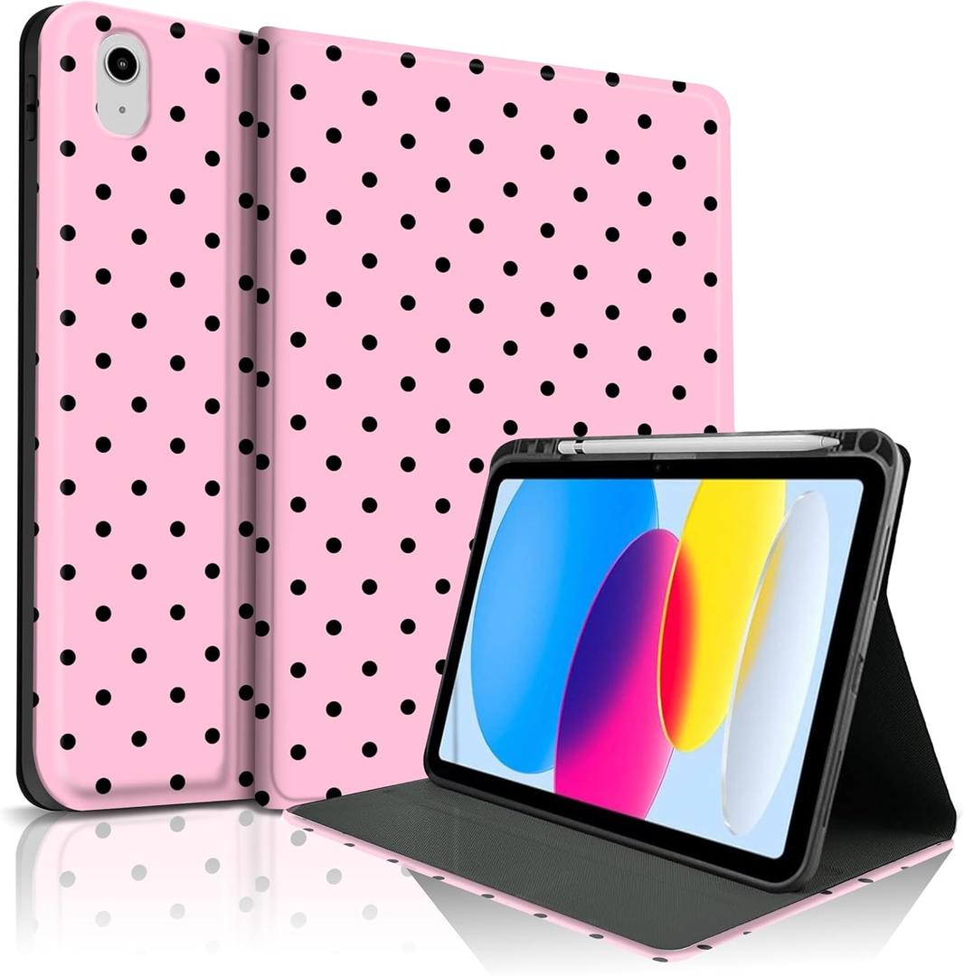 TopPerfekt Case for iPad 11th (A16) 11-inch 2025 /10th Gen 10.9-inch 2022, Cute Polka Dot Stylish Aesthetics Design Protective Cover with Pencil Holder, Anti-Slip, Anti-Shock-Big Black Polka Dots Pink