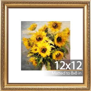 JCJMY 12x12 Vintage Picture Frame with 8x8 Mat, Elegant Retro 12 by 12 Photo Frame with Shatter-Resistant Plexiglass for Wall Hanging, Gallery Decor & Gift, Gold, 1 Pack