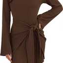 Dowerme Women's Casual Mini Dress 2026 Bell Long Sleeve Boat Neck Tie Waist Bodycon Dresses Knitted Party Fall Outfits (Brown, XXL)
