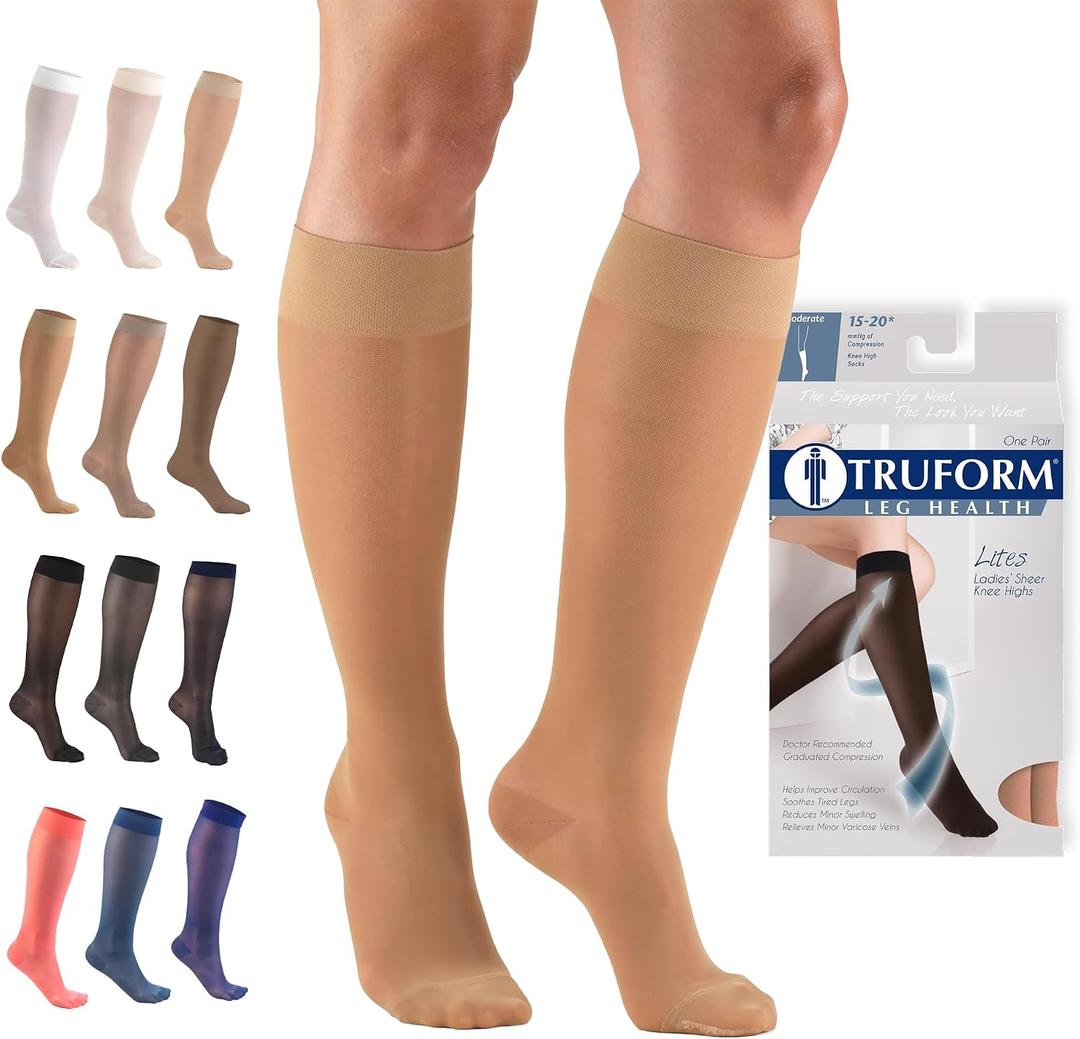 Truform Sheer Compression Stockings, 15-20 mmHg, Women's Knee High Length, 20 Denier, Beige, Large