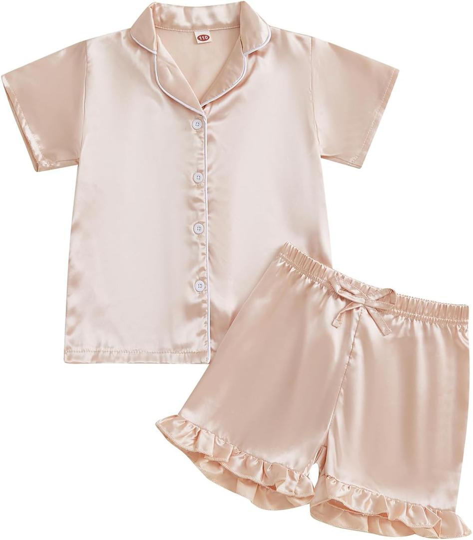 fyclemt Toddler Baby Girl Boy Silk Pajamas Set Solid Color Short Sleeve Button Shirts Top Shorts Satin Sleepwear Lounge Sets (2-3T)