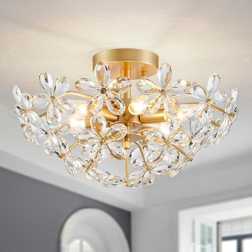 WUZUPS Crystal Chandelier Flushmount Ceiling Light Modern Lighting Fixture for Bedroom Hallway Bar Kitchen Bathroom, H 8.9" x W 17.7", Gold, E12 Base