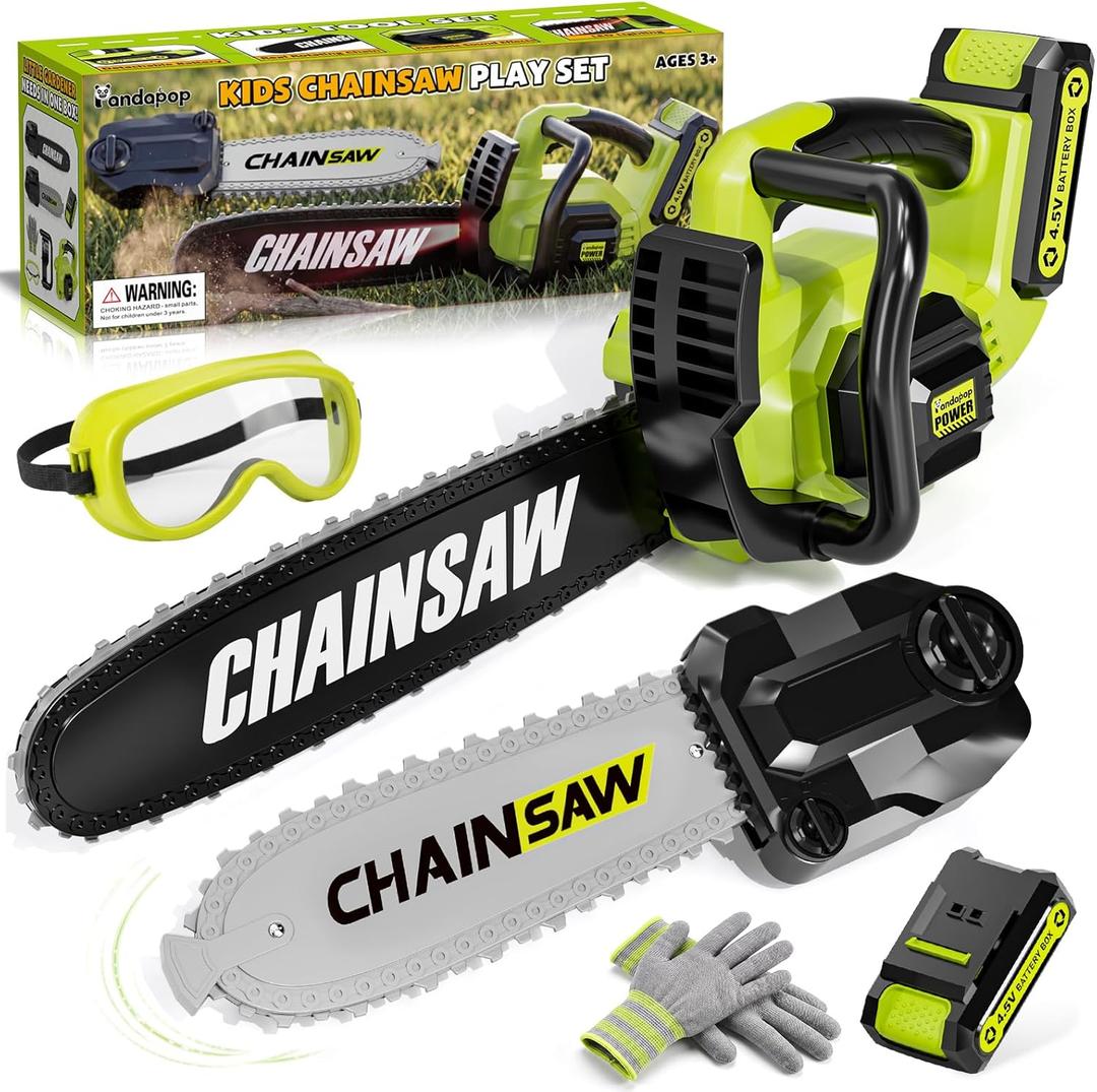 Pandapop 2 in 1 Kids Gardening Tools Set, Toy Chainsaw with Realistic Sounds, Kids Tool Set with Glasses & Gloves, Christmas Halloween Birthday Gifts for Boys & Girls 3 4 5 6 7 | Toy Chainsaw with Realistic Sounds, Includes Glasses & Gloves, Toddler Outdoor Toys Tools, Christmas Halloween Birthday Gifts