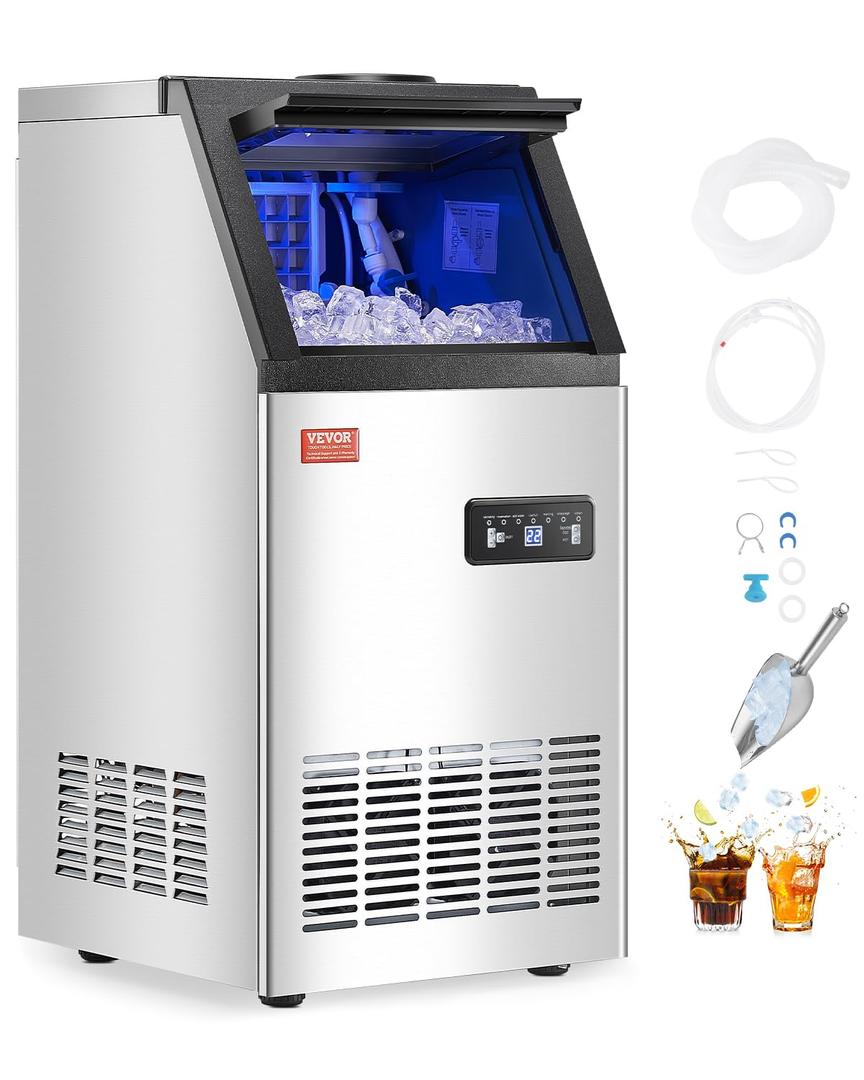 VEVOR Commercial Ice Maker Machine with 2 Water Inlets, 80lbs/24H Ice Maker Machine with 28lbs Storage Capacity, 36 Ice Cubes in 15 Minutes, LED Digital Display Self-Cleaning for Bar Office Restaurant (Silver)