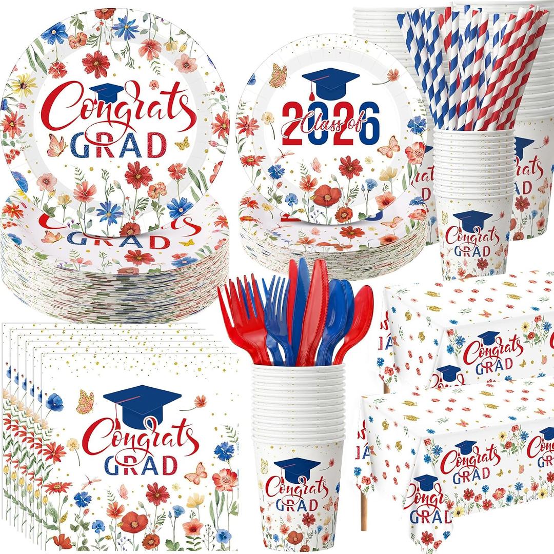 Ceenna 452 Pcs 2026 Red White Blue Floral Graduation Party Decoration for 50, Wildflower Congrats Grad Paper Plates Napkins Cups Tablecloth Cutlery Straw Grad Tableware for Class of 2026 Party Supply
