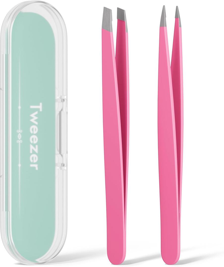 Tweezers for Women Facial Hair, Slant & Pointed Tweezers for Eyebrows, Ingrown Hair, Splinter Removal, 2 Pack Tweezer Set, Professional Stainless Steel Eyebrow Tweezers for Men and Women, Pink