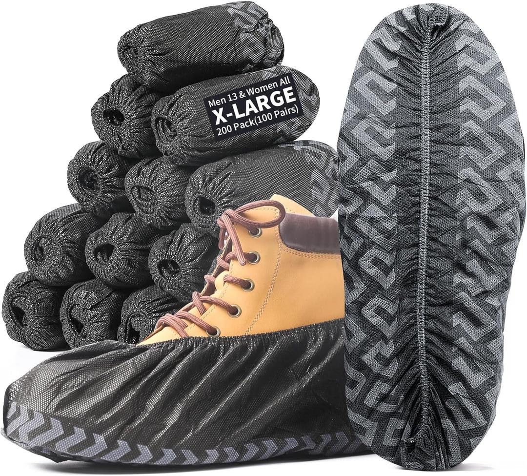 X-Large 50 Pack Shoe Covers Disposable Non-Slip, Black Non-Woven Fabric Boot Covers for Indoors Breathable Slip Resistant Durable Boot, Stretchable Fits Up to Size 13 US Men (Black, 200 Pack)