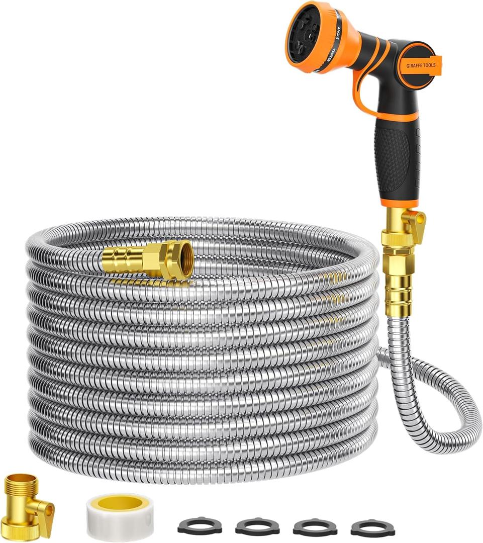 Giraffe Tools Garden Hose 75ft x 5/8", 304 Stainless Steel Metal Water Hose, No Kink Garden Water Hose with 9 Pattern Spray Nozzle, Flexible, Lightweight, Kink Free Hose for Yard, Outdoor