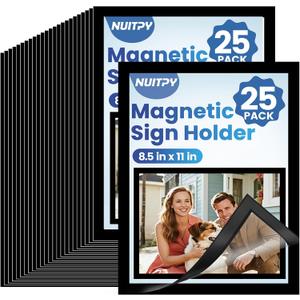NUITPY 25 Pack Magnetic Sign Holder, 8.5in x 11in Self Adhesive Wall Mount Magnetic Document Holder, Magnetism Border Sign Holder with Transparent PVC Front Cover