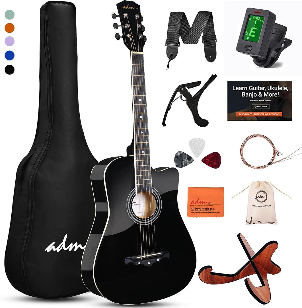 ADM 38" Inch Acoustic Guitar Bundle for Beginners Adults with Online Lesson, Cutaway Wood Acustica Guitarra Starter Set Package with Gig Bag, Strap, Steel Strings, Picks, Capos, Stand, Black 1