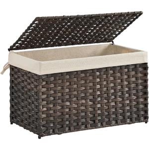 SONGMICS Storage Basket with Lid, Woven Blanket Storage Bin with Handles, Foldable, Removable Liner, Metal Frame, for Bedroom, Laundry Room, 17.2 Gallons (65 L), Brown URST56BR