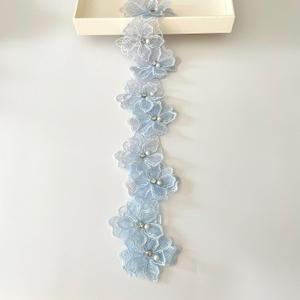 2 Yards 3D Pearl Beads Flower Lace Trim Ribbon Floral Applique Embroidered Lace Fabric for Sewing DIY Crafts (Blue)
