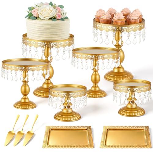 Chicmount 8 Pcs Gold Cake Stand Set Metal Dessert Table Display Set Round Cake Stand with Crystal Bling Pendants Cupcake Trays for Wedding Birthday Baby Shower Event Party Anniversary Celebration