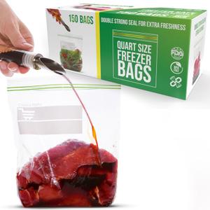 Quart Size Freezer Bags  150 Count, Resealable, Extra Strong 2 Mil Leak Proof Double Zipper Clear Stand Up Food Bags