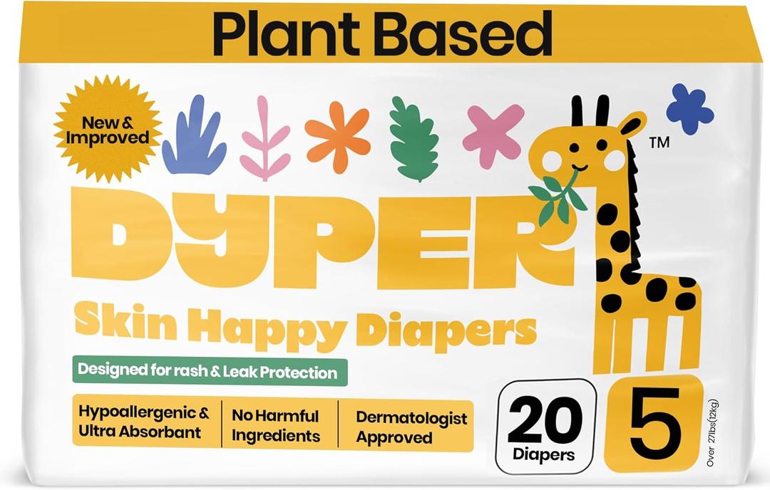 DYPER Baby Diapers Size 5 (20 Count)  Plant-Based, Hypoallergenic, Fragrance-Free & Ultra Absorbent Disposable Diapers for Day and Overnight Skin Protection, Single Pack Size 5 Diapers