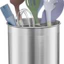 FineDine Rotating Utensil Crock with Weighted Base for Stability, Stainless Steel Utensil Caddy with Removable Divider, Brushed Stainless Steel