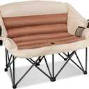 Double Folding Camping Chair Fully Padded Loveseat Camping Couch Oversized 2 Person Lawn Chair Sofa w/Cup Holder,Wine Glass Holder,Mesh Storage for Patio Picnic Beach,Support 600lbs,Cream