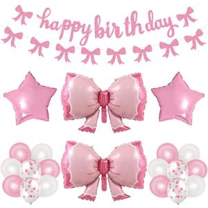 Phoaxul Cute Pink Bow Birthday Decorations for Girls, Glitter Happy Birthday Banner, Bow Balloons, Pink Party Decorations for Women, Baby Girl Shower, Princess Bday Party Supplies