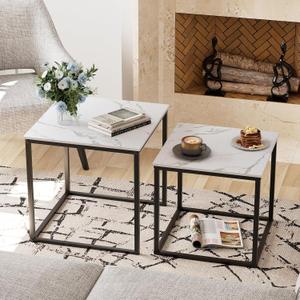 Coffee Table Set of 2, Modern Black Wooden Side Table, Metal Frame Square End Table, Center Tables,Nesting Coffee Table for Living Room,Bedroom and Small Spaces
