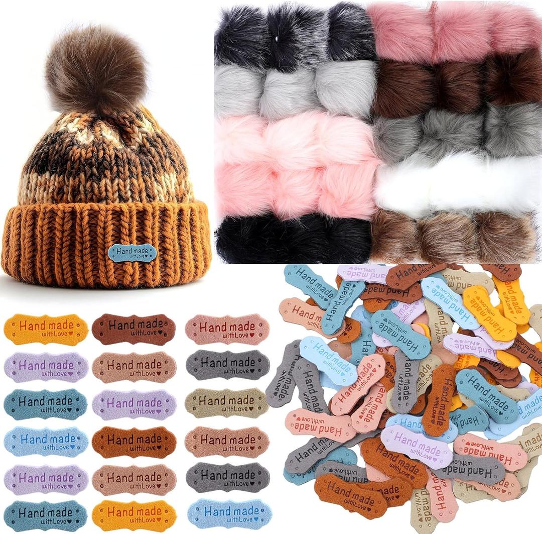 Cinnvoice 30 Pcs Faux Fur Pom Poms for Hats 4" with 100 Pcs Handmade Leather Tag Label Fluffy DIY Knitting Hat Pompoms with Elastic Loop Crochet Craft Accessories for Shoes Scarves Gloves Bag Keychain