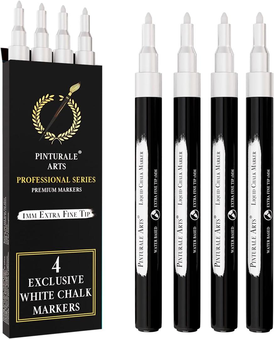 Pinturale Arts 4 Extra Fine Tip White Chalk Markers | 1mm Tip | For Windows, Blackboard, Dry Erase Board, Chalkboards, Glass, Easy Erase | White Chalk Pens Fine Tip