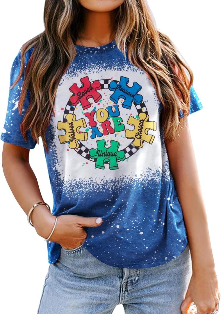 Autism Awareness Shirt Women Autism Support Acceptance Shirts Casual Puzzle Piece Bleached Tee Tops (Blue, S)