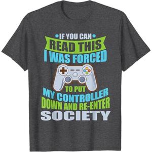 Put Controller Down Re-Enter Society Funny Gamer T-Shirt T-Shirt, Smal, Dark Heather Grey 