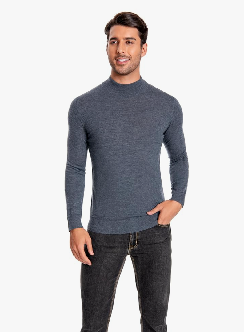 Men's 100% Extrafine Merino Wool Long Sleeve Mock Neck Pullover(L)