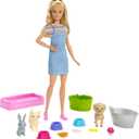 Barbie Play 'n Wash Pets Playset with 3 Color-Change Animals & 10 Toy Accessories, Blonde Fashion Doll with Blue Eyes