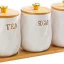 Ceramic Canister Set of 3 for Sugar Coffee Tea with Tray, White Airtight Food Storage Jars with Wood Lids, Kitchen Counter Storage Containers - 23oz