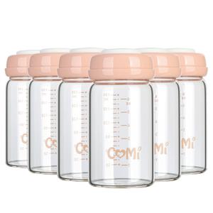 COMI Wide Neck Glass Breastmilk Collection n Storage Bottle, 6oz with Screw Ring Sealing Disk; Re-markable Sealing Disc. BPA Free, Fits Breast Pumps & Nipples (Pink Lids)