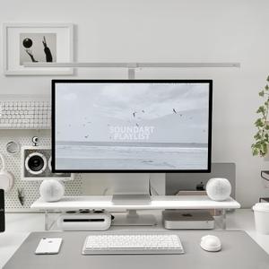 Bamboo Monitor Stand Riser with Acrylic Legs for Desk, 31.5 Inches Desktop Shelf Supports for PC Computer Monitor, Laptops, Printer, Speakers (White)