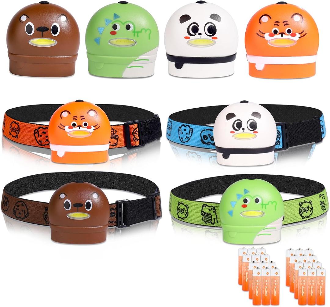 KunHe 8 Pack LED Kids Headlamp with Animal Designs Adjustable Headlight for Camping Running Christmas Stocking Stuffers Gifts for Girls Boys Batteries Included