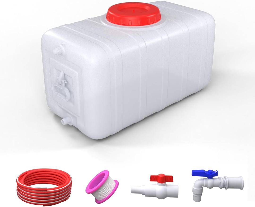 13Gallon/50L Water Storage Tank with Spigot,3m Hose and Control Valve | Large Plastic Emergency Water Tank,Water Storage Container for Camping, RV, Truck, Emergency Preparedness(22.4"*11.8"*11.8"）
