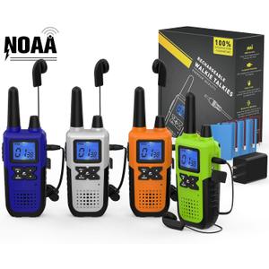 Walkie Talkies Long Range for Adults Rechargeable with Earpiece NOAA Weather Alert, Multi-purpose 2 Way Radio 4 Pack for Team Work Senior Care Kid Adventure Family Camping Hiking Skiing Cruise (Blue Green Orange Silver)