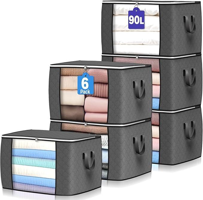 90L Large Storage Bargs 6Pack Clothes Storage Bins Foldable Closet Organizers Storage Containers with Reinforced Handle ( Bed Sheets) Grey