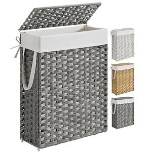 SONGMICS Laundry Hamper with Lid, 23.8 Gallon (90 L) Synthetic Rattan Clothes Laundry Basket with Lid and Handles, Foldable, Removable Liner, Goose Grey