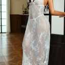 Hilinker Women's Sheer Lace Lingerie Dress Sexy Long See Through Mesh Chemise Nightgown with Thong White X-Small (White, XS)