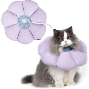 Cat Cone Collar, Cute Waterproof Cat Recovery Collar,  Anti-Bite Lick Wound Healing Safety Elizabethan e Collar for Cats, Purple Flower All-Season Style