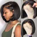 Human Hair Straight Short Bob Natural Black 13X4 HD Transparent Lace Front Wig with Baby Hair 100% Virgin Glueless Brazilian Remy Side Part 150% Density for Black Women 10 Inch