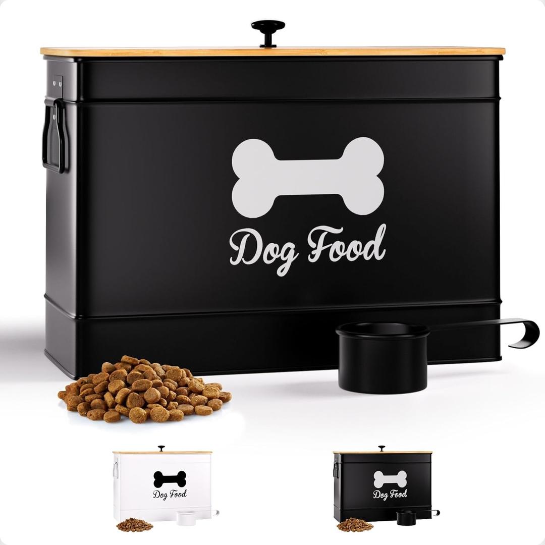 Dog Food Container Airtight 15 lb (50 Cup) Capacity with Metal Scoop - Cute Airtight Dog Food Storage Container with Bamboo Lid - Black Metal Kibble Storage Bin for Dogs up to 100 lbs - Big Pet Jar