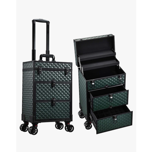 Rolling Makeup Train Case with Wheels 2 Large Drawers Nail Organizer Case Cosmetic Train Cases Traveling Cosmetology Case on Wheels Tattoo Carrying Case Makeup Carts Dark Green