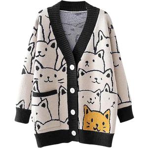Gihuo Women Cat Sweater Oversized Cute Kawaii Cardigan Knit Graphic V Neck Loose Fit Long Sleeve Cardigan Coat (Small, Black)