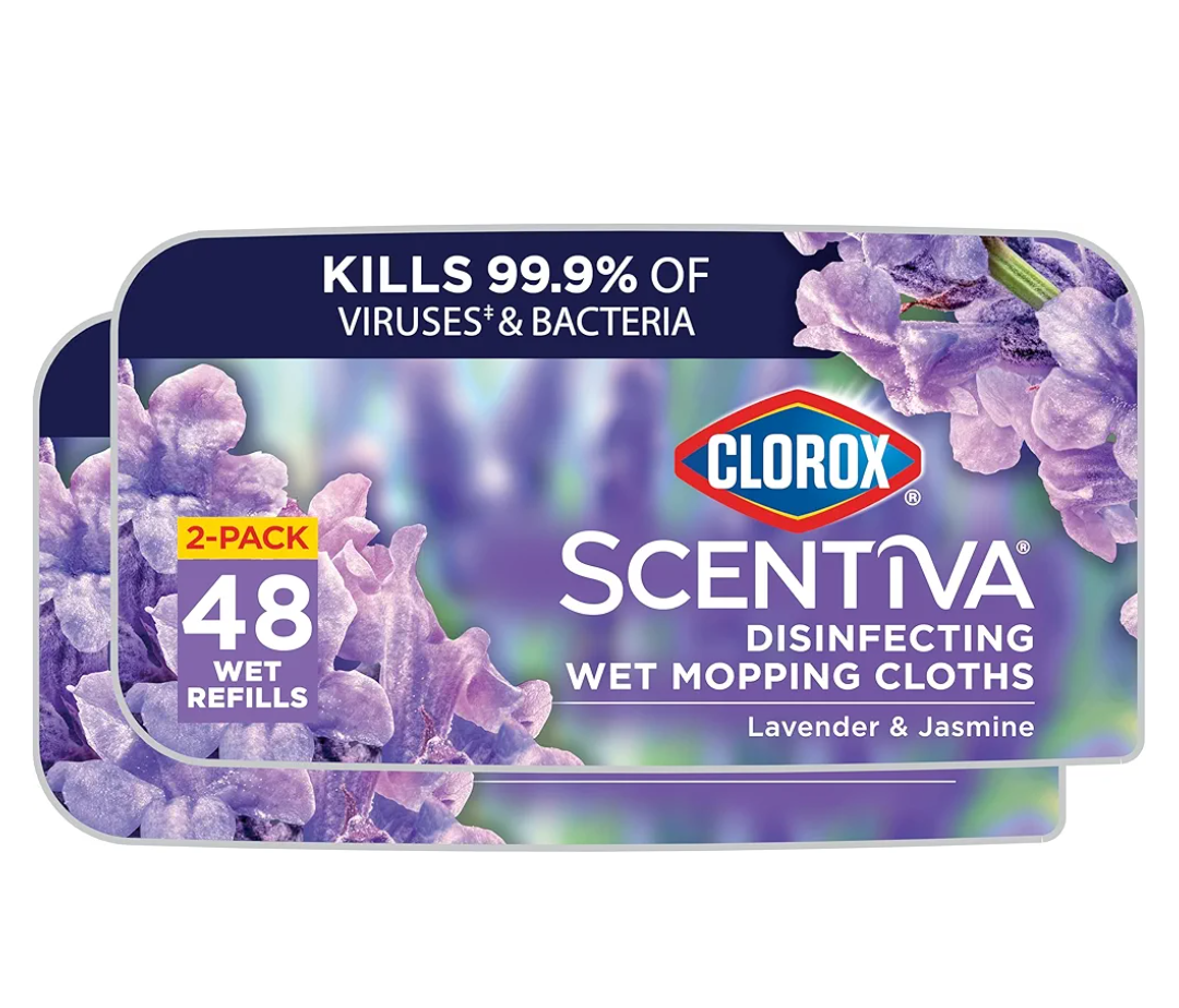 Clorox Scentiva Disinfecting Wet Mop Pad, Disposable Heads, Multi-Surface Floor Wipes, Lavender and Jasmine, 2 Packs, 24 Refills Per Pack 